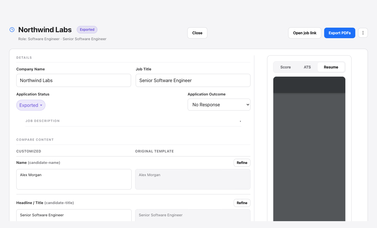 Resume Customizer app showing section editing alongside a live PDF preview