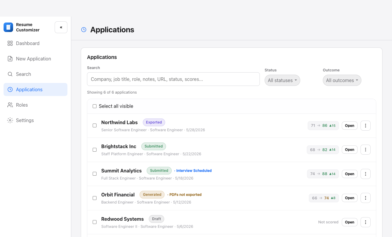 Applications screen listing saved applications with status, outcomes, and scores