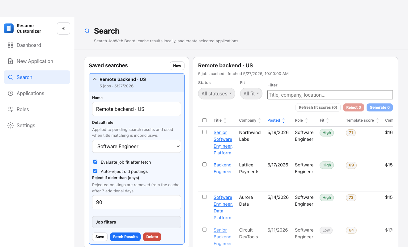 Search screen with saved searches, cached job results, template scores, and batch generate