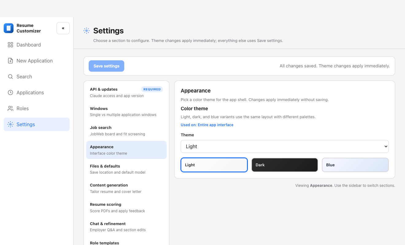 Settings screen with section navigation and the Light, Dark, and Blue theme picker